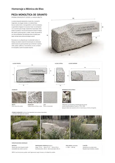 Ficha del proyecto: pieza monolítica de granito, prisma emergente desde la masa bruta