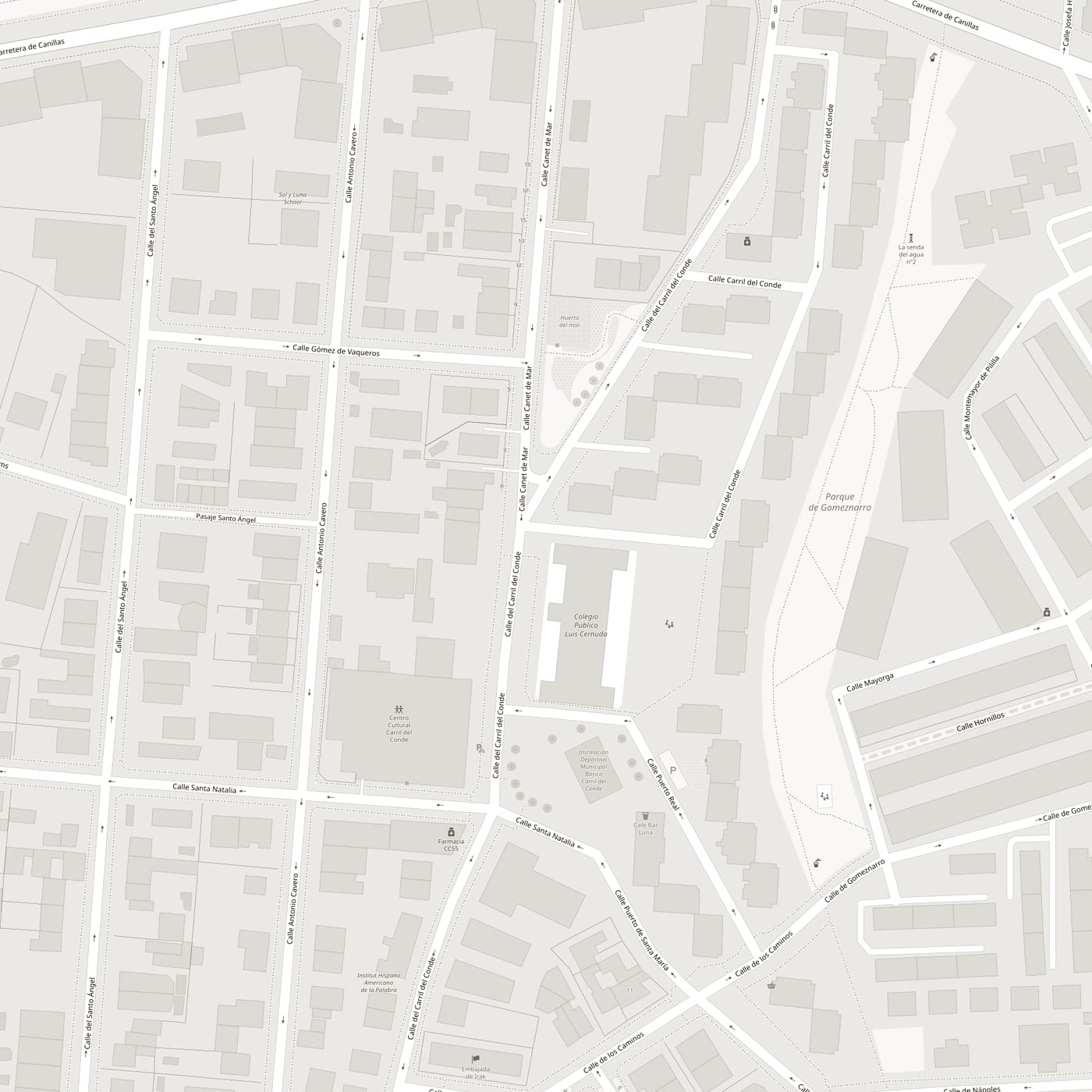 Plano del entorno del CEIP Luis Cernuda con las paradas del homenaje señaladas: Jardines de Mónica de Blas, Jardín de los Maestros, Huerto del Mar.